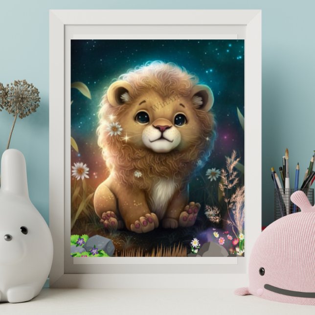 Cute Lion Sitting on a Rock Starry Night Art Poster (Creator Uploaded)