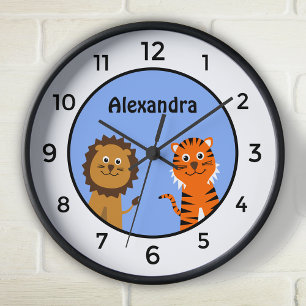 Cute lion tiger add name blue white kid's clock