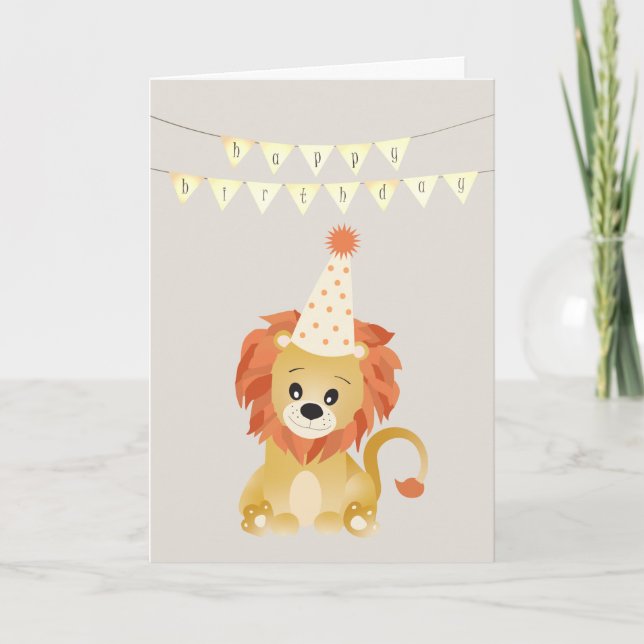Cute Lion Wearing Party Hat Birthday Banner Roar Card (Front)