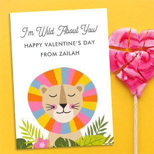 Cute Lion Wild About You Kids Classroom Valentine Card