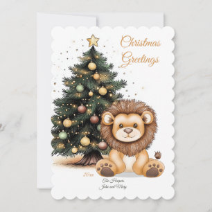 Cute Lion with Festive Tree Illustration Holiday Card