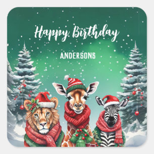 Cute lion Zebra Christmas tree birthday girl party Square Sticker