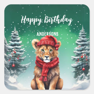 Cute lion zoo Christmas tree birthday girl party Square Sticker