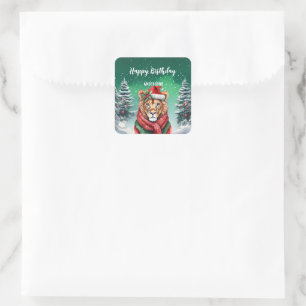 Cute lion zoo Christmas tree birthday girl party Square Sticker