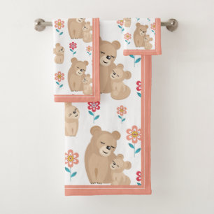 Cute lioness mother with baby, border Mother's day Bath Towel Set