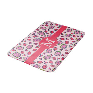 Cute Lips Kisses & Heart Doodles Pattern Monogram Bath Mat