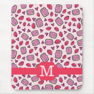 Cute Lips Kisses & Heart Doodles Pattern Monogram Mouse Pad