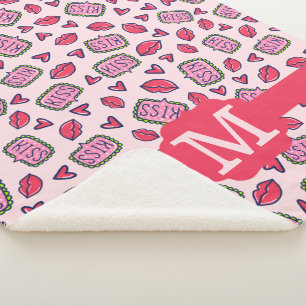 Cute Lips Kisses & Heart Doodles Pattern Monogram Sherpa Blanket