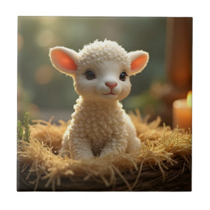 CUTE LITTE LAMB IN THE MANGER CERAMIC TILE