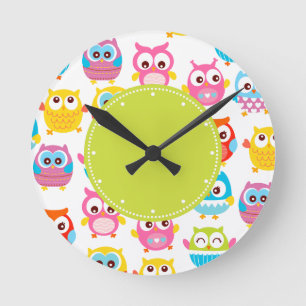 Cute Litte Owls Green Label Round Clock