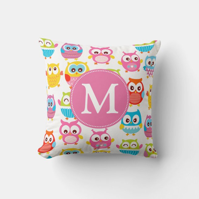 Cute Litte Owls Monogrammed Cushion (Front)