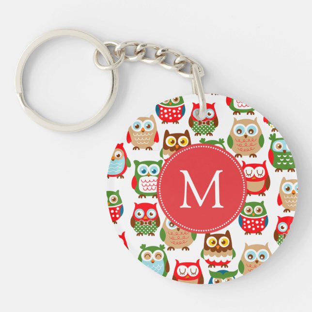 Cute Litte Owls Monogrammed Key Ring (Front)