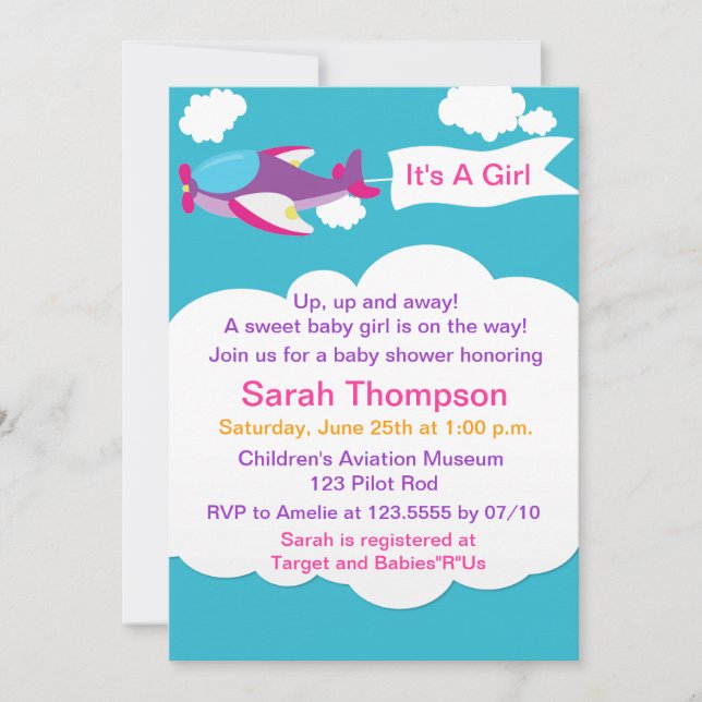Cute Little Aeroplane Girl Baby Shower Invitation (Front)