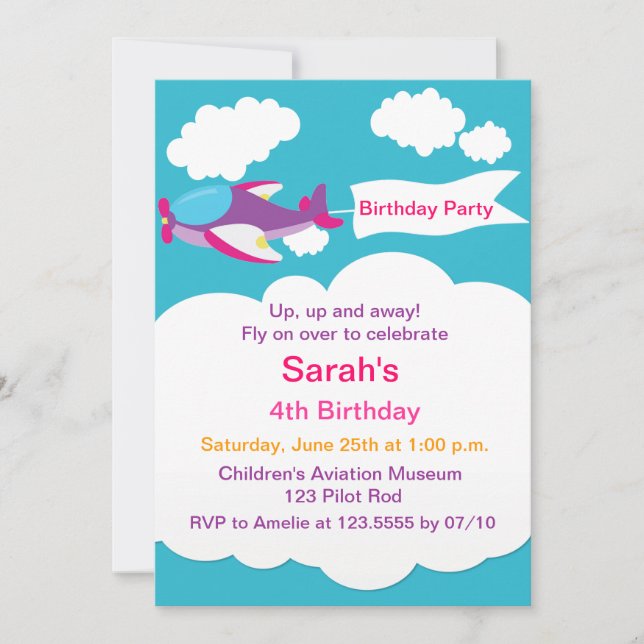 Cute Little Aeroplane Girl Birthday Invitation (Front)
