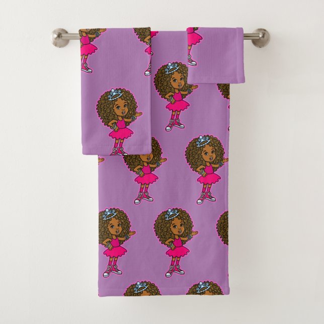 Cute Little African American Pink Princess Bath Towel Set (Insitu)