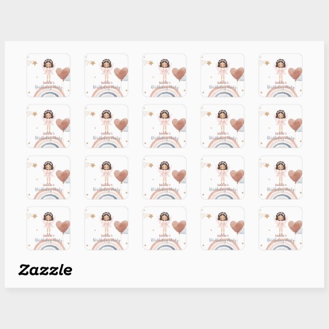 Cute Little angel afro girls Balloon Birthday Square Sticker (Sheet)