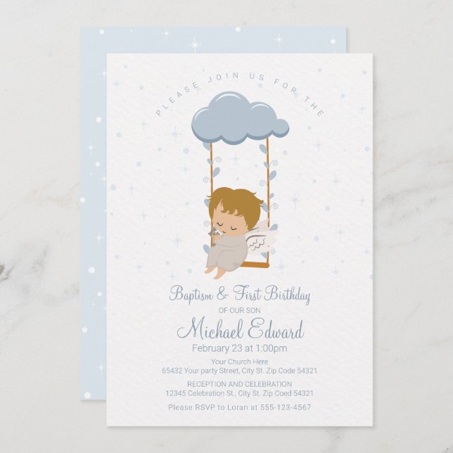 Cute Little Angel, First Birthday and Baptism Invitation (Front/Back)