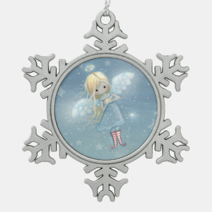 Cute Little Angel in the Stars Snowflake Pewter Christmas Ornament