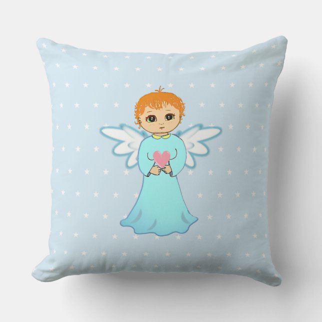 Cute little angel in turquoise holding a heart cushion (Front)