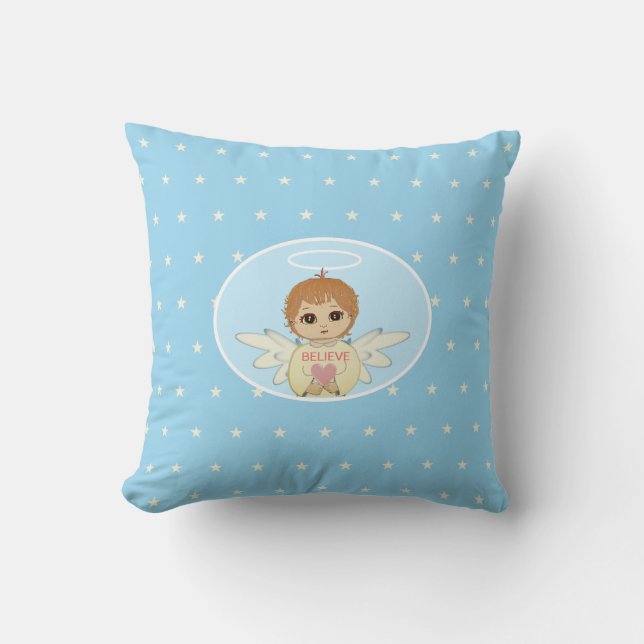 Cute Little Angel & Stars on Turquoise Cushion (Front)