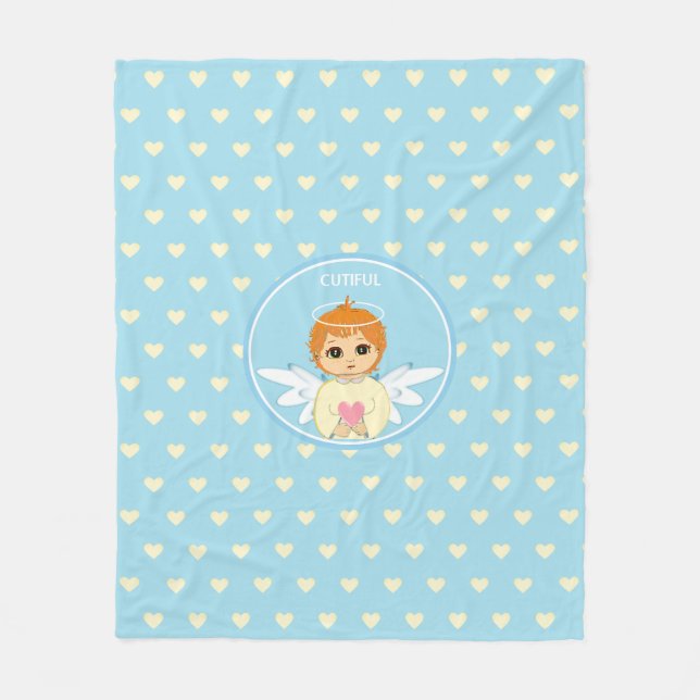 Cute Little Angel with heart pattern on light blue Fleece Blanket (Front)