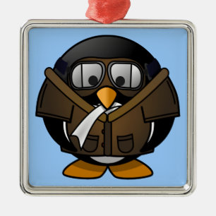 Cute little animated pilot penguin metal ornament