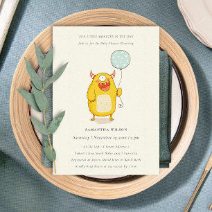 Cute Little Aqua Yellow Monster Baby Shower Invite