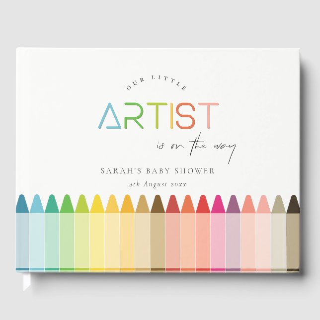 Cute Little Artist Crayon Fun Rainbow Baby Shower Guest Book (Front)