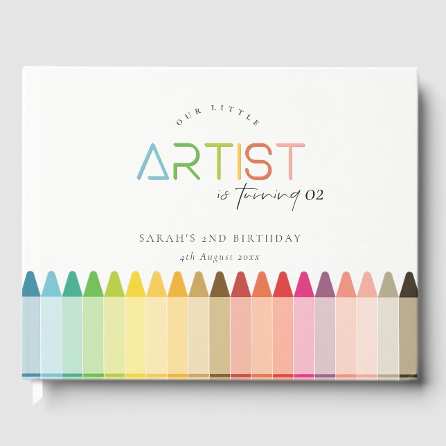 Cute Little Artist Crayon Rainbow Any Age Birthday Guest Book (Front)