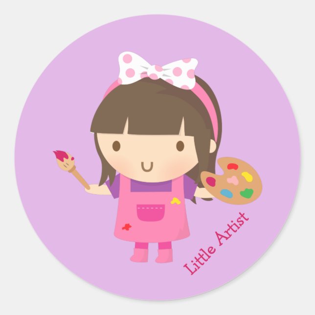 Cute Little Artist Painter Girl at Work Classic Round Sticker (Front)