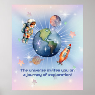 Cute Little Astronaut in Outer Space Poster