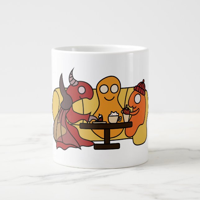 Cute little autumn monsters having a coffee large coffee mug (Front)