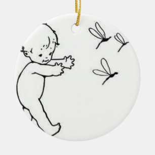 Cute little baby chasing dragonflies, cute ceramic tree decoration