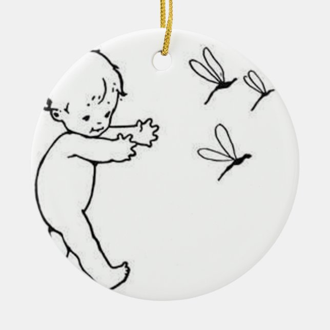 Cute little baby chasing dragonflies, cute ceramic tree decoration (Front)