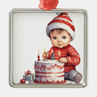 CUTE LITTLE BABY DRESSED IN RED WITH CAKE METAL ORNAMENT