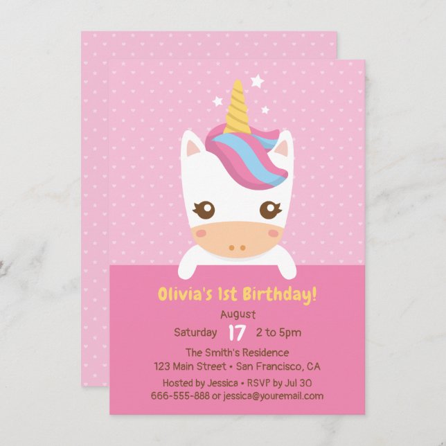 Cute Little Baby Unicorn First Birthday Party Invitation (Front/Back)