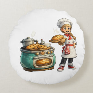 Cute Little Baker Girl with Fresh Bread Art Round Cushion