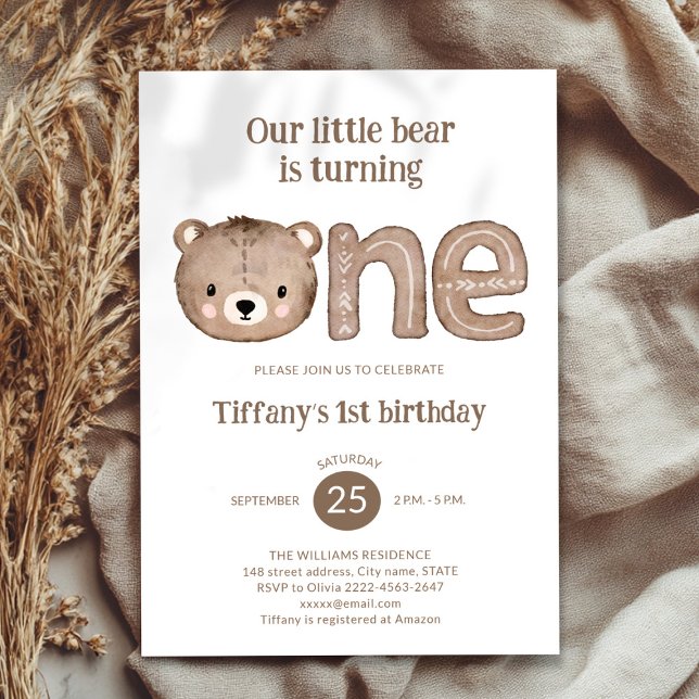 Cute Little Bear 1st Birthday Invitation – Neutral (Wild One minimalistic 1st Birthday Invitation | Neutral Baby Bear Party Invite)