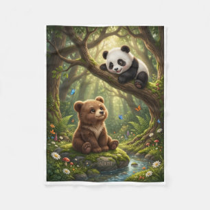 Cute Little Bear And Panda In Green Forest Fleece Blanket