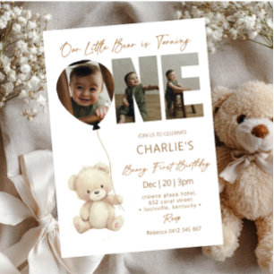 Cute Little Bear Neutral with Photo 1st Birthday  Invitation