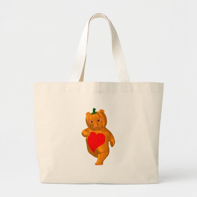Cute Little Bear With Pumpkin Head Large Tote Bag (Front)