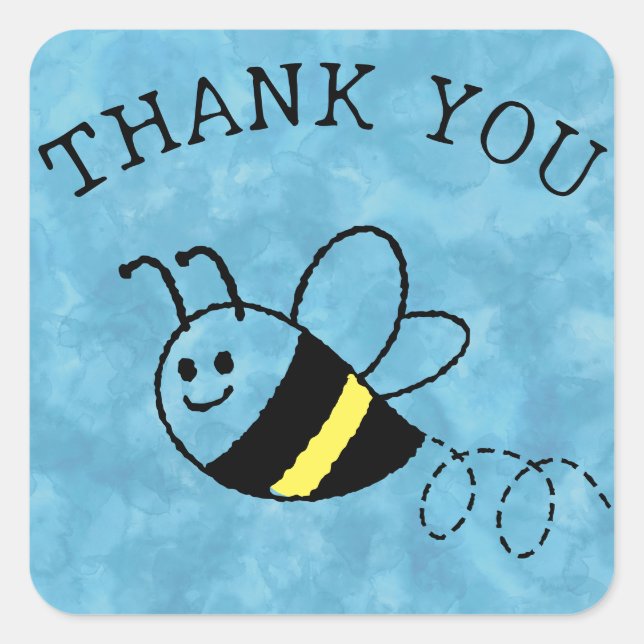 Cute Little Bee Flying Blue Baby Shower Square Sticker (Front)