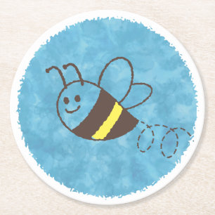 Cute Little Bee Flying Blue Watercolor Baby Shower Round Paper Coaster