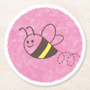 Cute Little Bee Flying Pink Watercolor Baby Shower Round Paper Coaster