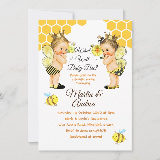 Cute Little Bee Gender Reveal Bee Party Invitation (Front)