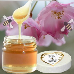Cute Little Bee & honeycomb Pure HONEY Gold Border Heart Sticker