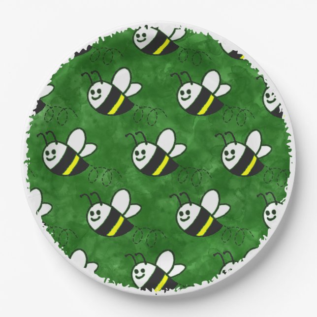 Cute Little Bee Pattern Watercolor Baby Shower Paper Plate (Front)