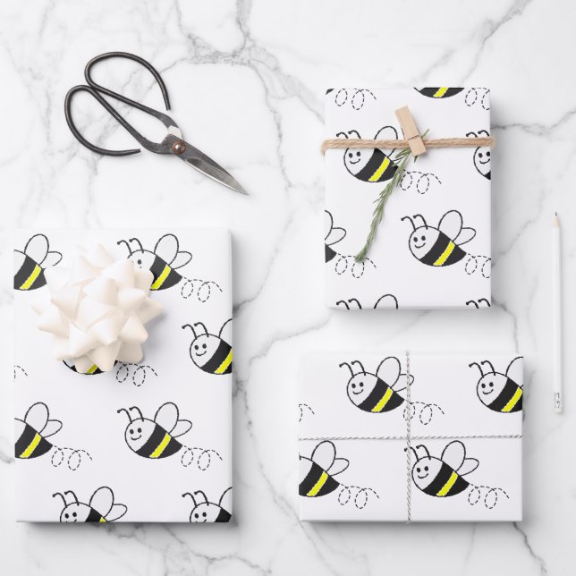 Cute Little Bee Pattern White Baby Shower Wrapping Paper Sheet (Front)