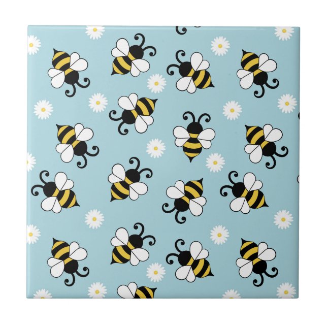 Cute little bees and daisy flowers pattern ceramic tile (Front)