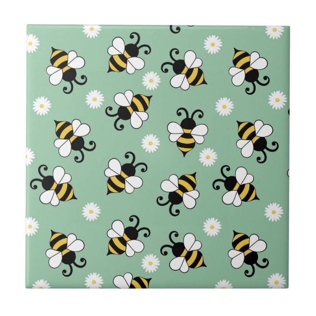 Cute little bees and daisy flowers pattern ceramic tile (Front)